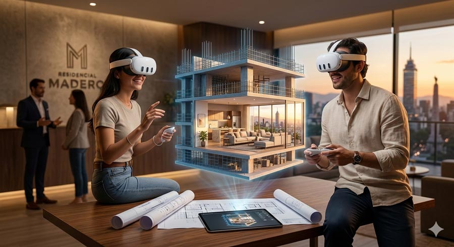 Pareja usando realidad virtual para explorar gemelo digital de departamento en preventa en México dentro de sala de ventas moderna.