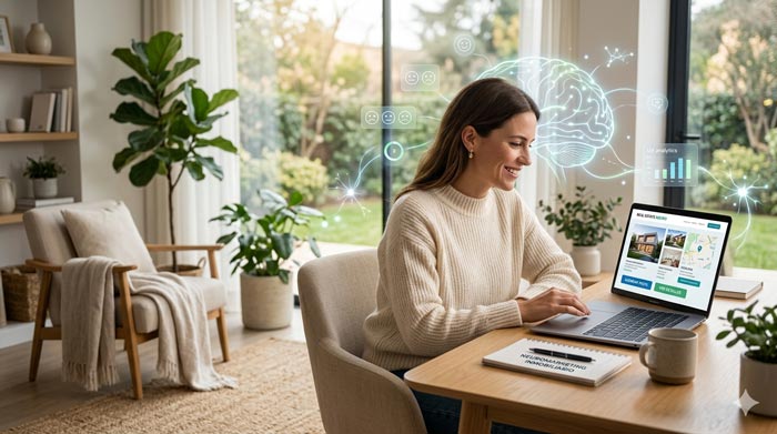 Persona explorando propiedades en una web inmobiliaria mientras elementos visuales de neurociencia representan el neuromarketing aplicado a la compra de vivienda.