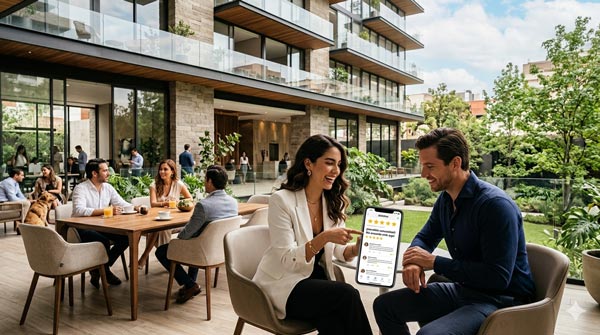 nquilinos interactuando en áreas comunes de un edificio moderno mientras usan sus teléfonos, representando comunidad y marketing digital inmobiliario