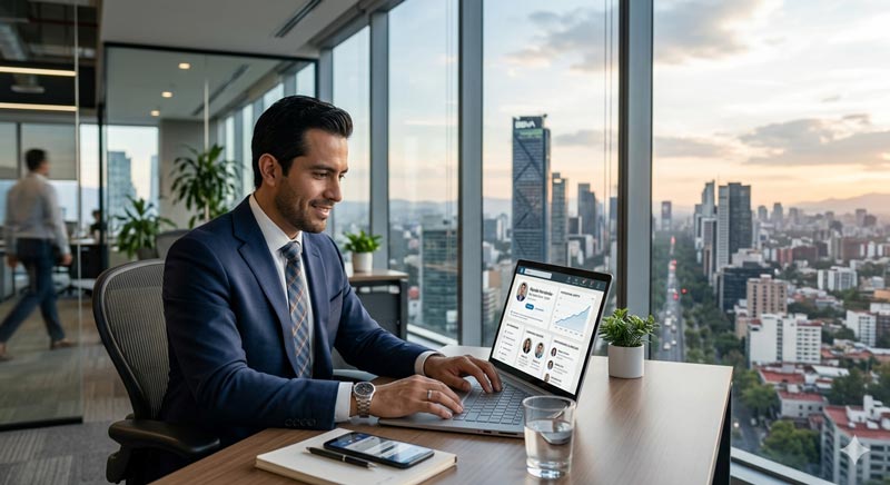 Asesor inmobiliario mexicano utilizando LinkedIn en una oficina moderna con vista a la ciudad, representando networking y marca personal en el sector inmobiliario.