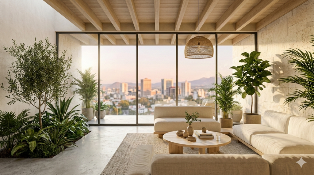 Sala moderna de casa saludable en México con luz natural abundante, ventanales amplios, plantas interiores y diseño wellness minimalista enfocado en bienestar