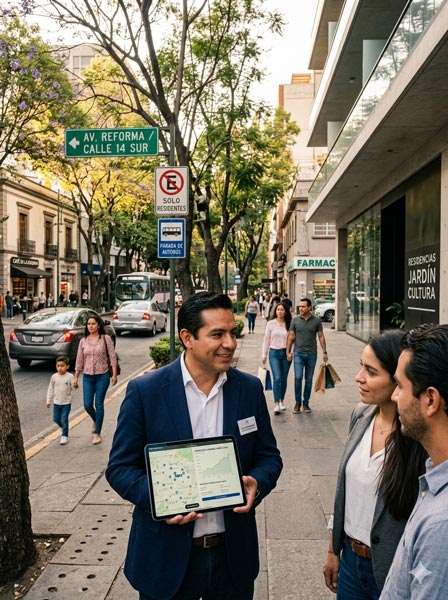 Agente inmobiliario en México mostrando una propiedad moderna mientras revisa estrategias de marketing digital en una tablet en un entorno urbano local.