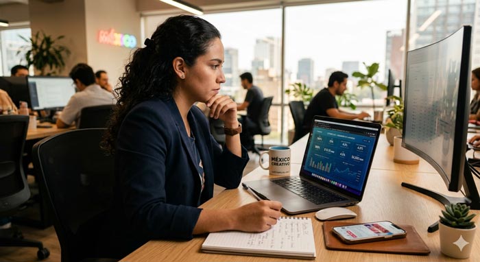 Gráfico de KPIs de marketing digital en 2026 mostrando métricas como ROI, CPA, tasa de conversión y LTV en agencias de México