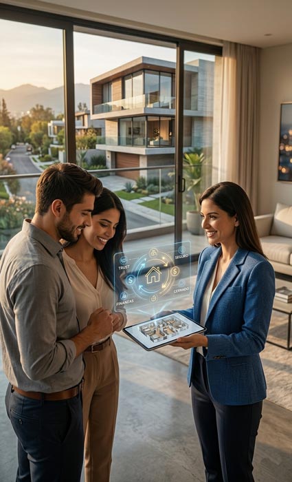Asesor inmobiliario guiando a cliente en proceso digital de compra de vivienda basado en el ciclo de confianza digital en México