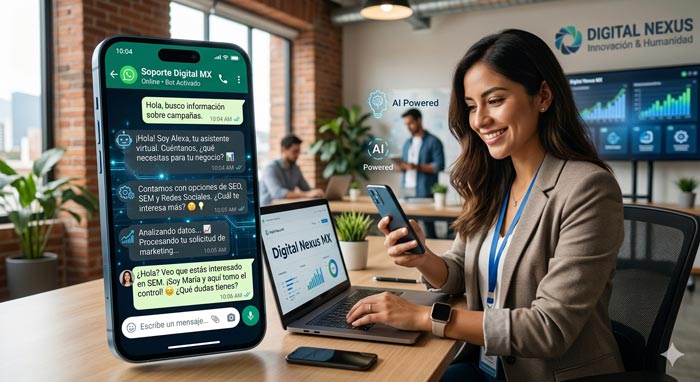Estrategia de WhatsApp Marketing 2026 mostrando automatización de prospectos con inteligencia artificial y cierre de ventas con interacción humana en México.