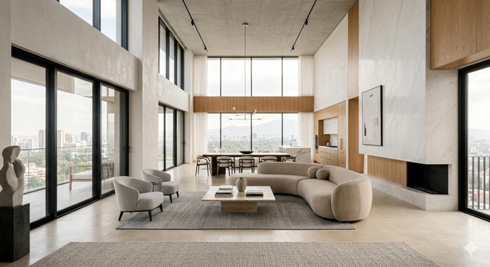 Sala elegante con paleta de colores neutros en propiedad premium