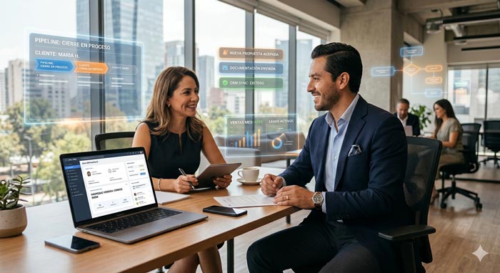 Agente inmobiliario en México utilizando herramientas de automatización invisible para gestionar clientes y optimizar su tiempo sin perder el trato personalizado