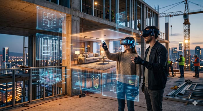 Visualización inmersiva de un gemelo digital de una vivienda en preventa con realidad virtual y simulación interactiva de espacios interiores.