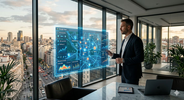 Agente inmobiliario analizando estrategias de SEO local en Google Maps para posicionar propiedades y dominar el mercado inmobiliario de su ciudad.