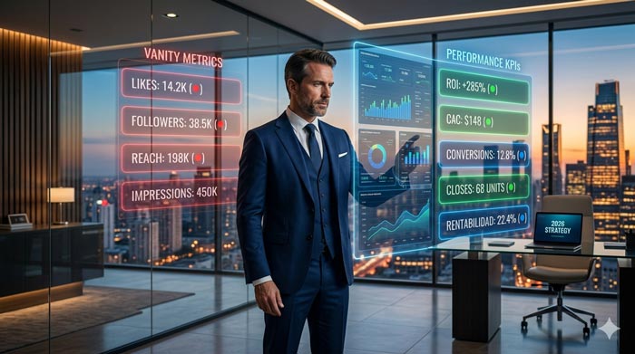 Dashboard inmobiliario mostrando KPIs de ventas, conversión de leads y métricas digitales para agencias inmobiliarias en 2026.