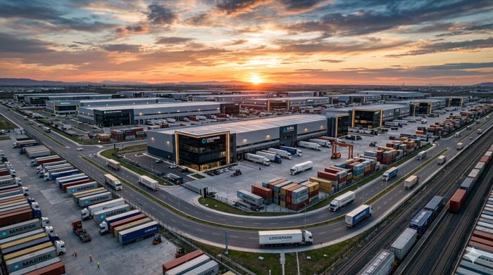Vista aérea de parque industrial moderno con bodegas y naves industriales utilizadas en estrategias de marketing inmobiliario industrial B2B.