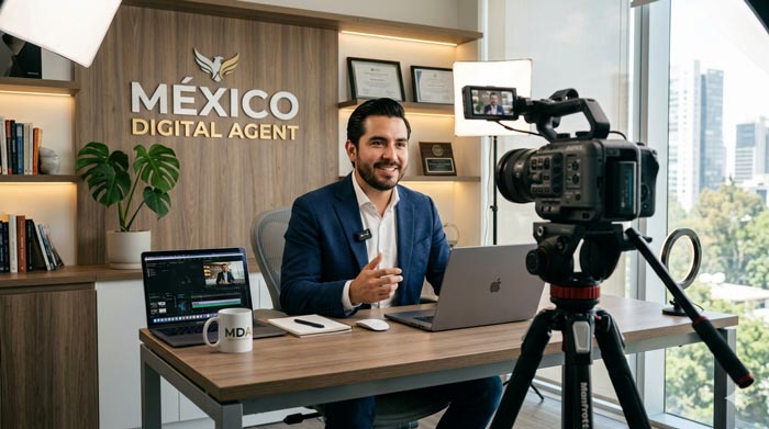 Agente inmobiliario grabando contenido en set profesional en México para redes sociales y marketing digital