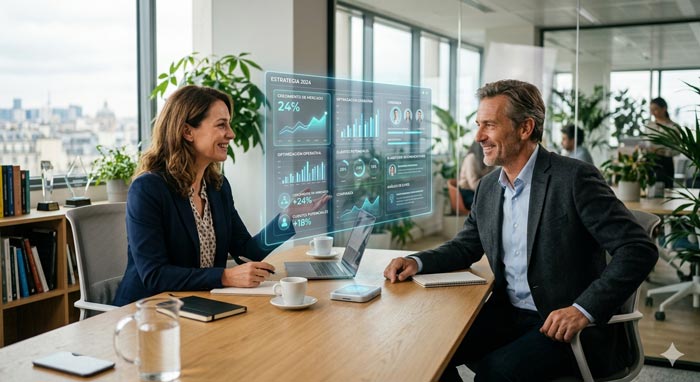 Consultora explicando procesos automatizados con inteligencia artificial a un cliente en oficina moderna, mostrando confianza, empatía y tecnología humanizada.
