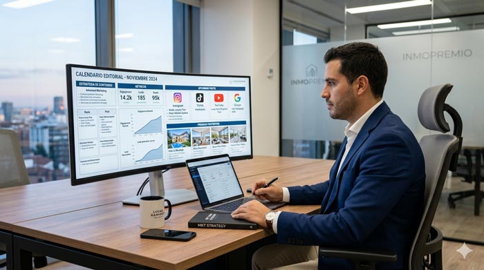 Agente inmobiliario planificando un calendario editorial digital con estrategia de contenido, métricas y publicaciones para redes sociales inmobiliarias