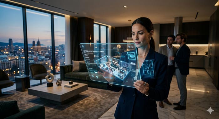 Agente inmobiliario mostrando un tour virtual inmersivo y realidad aumentada de una propiedad moderna desde una tablet en una sala minimalista.