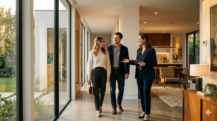 Agente inmobiliario mostrando una propiedad moderna mientras explica una narrativa emocional enfocada en estilo de vida aspiracional y storytelling inmobiliario.