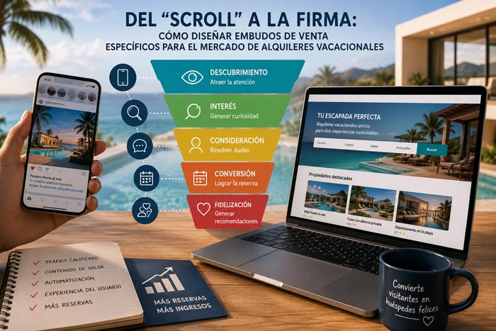 Estrategia de embudo de ventas para alquileres vacacionales mostrando el recorrido de un usuario desde el primer contacto en redes sociales hasta la reserva de una propiedad turística mediante marketing digital.