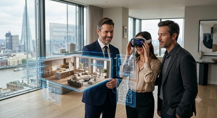 Agente inmobiliario mostrando una experiencia inmersiva de realidad virtual y aumentada a compradores durante una visita digital interactiva.