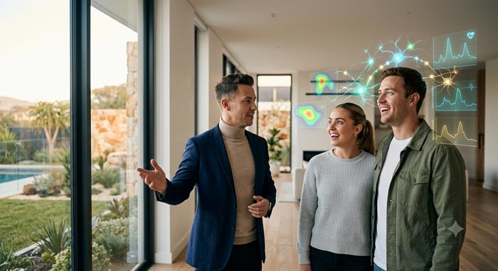 Neuromarketing inmobiliario aplicado a anuncios digitales con colores estratégicos y palabras persuasivas para aumentar el deseo de compra de propiedades.