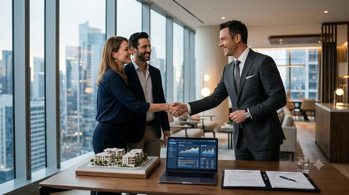 Agente inmobiliario profesional construyendo una marca personal sólida mediante estrategias de marketing de confianza, mientras asesora a clientes en un entorno moderno y competitivo.