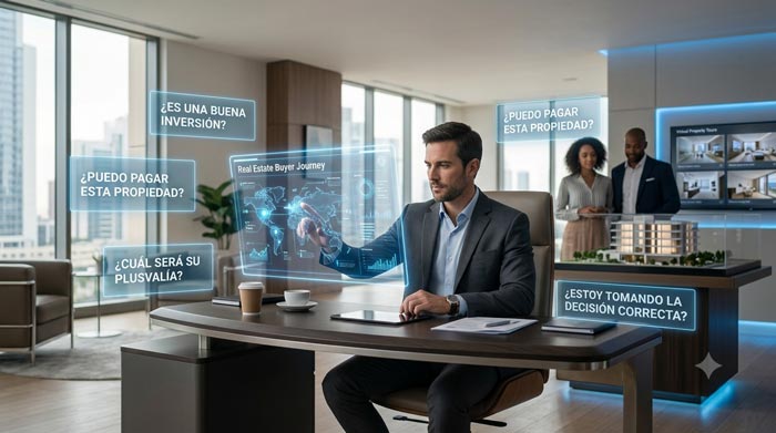 Agente inmobiliario utilizando herramientas digitales e inteligencia artificial para anticiparse a las dudas de sus clientes durante el viaje del comprador 2026.