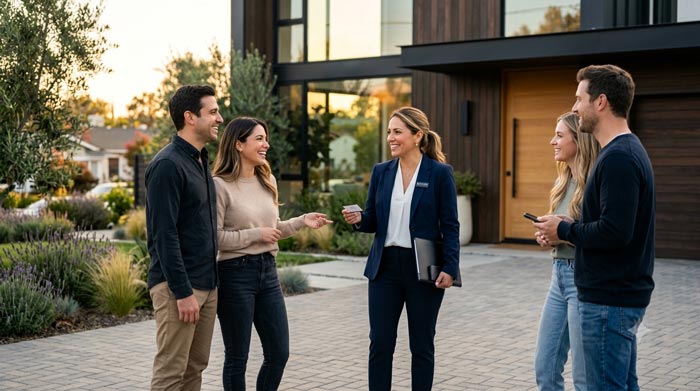 Agente inmobiliario reunido con clientes satisfechos después de la compra de una vivienda, representando una estrategia de posventa inmobiliaria enfocada en fidelización, recomendaciones y generación de referidos.