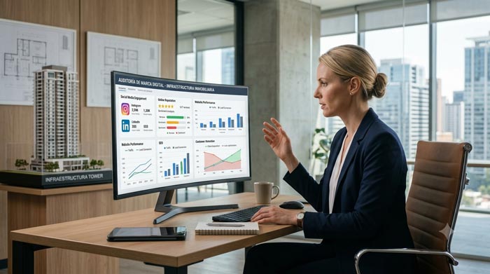 Agente inmobiliario analizando métricas digitales en una computadora mientras revisa la presencia online y la reputación de una marca inmobiliaria para identificar oportunidades de mejora y captar más clientes