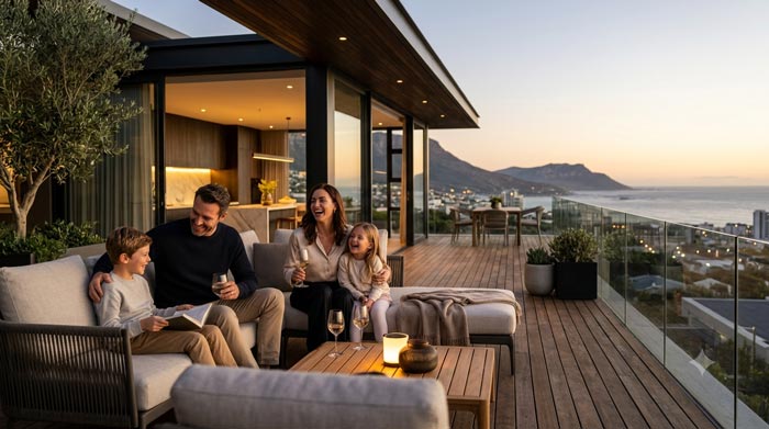 Familia disfrutando una residencia moderna mientras el storytelling inmobiliario transmite el estilo de vida y las experiencias que ofrece la propiedad.