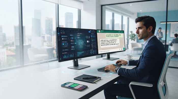 Asesor inmobiliario utilizando un asistente virtual con inteligencia artificial para responder automáticamente a clientes desde una computadora y un teléfono móvil, mostrando la diferencia entre automatización y atención inteligente.
