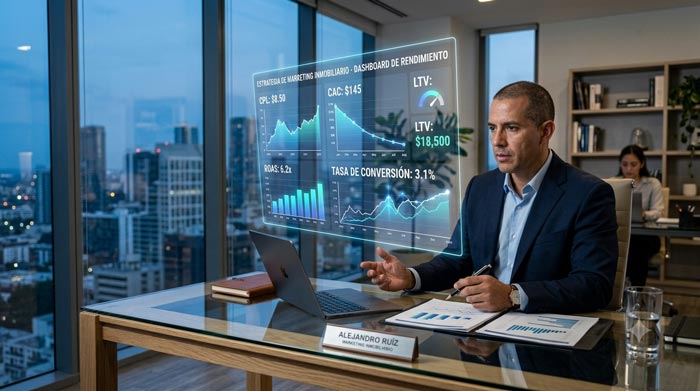 Panel de analítica digital mostrando los KPIs más importantes de captación en 2026, incluyendo CPL, CAC, ROAS y tasa de conversión, utilizados para optimizar campañas de marketing y evitar pérdidas presupuestarias.
