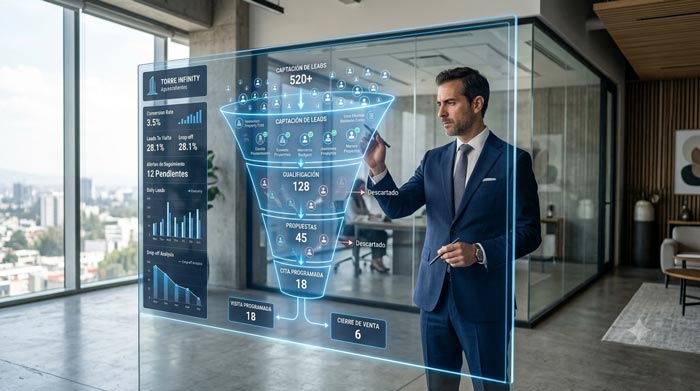 Agente inmobiliario analizando un embudo de ventas digital con leads y visitas programadas en una pantalla, identificando brechas de conversión en el proceso comercial.