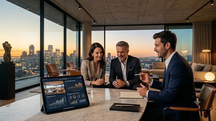 Asesor inmobiliario presentando una exclusiva propiedad de lujo a clientes de alto patrimonio mediante una experiencia digital personalizada, representando las tendencias del marketing de contenidos inmobiliario en 2026.