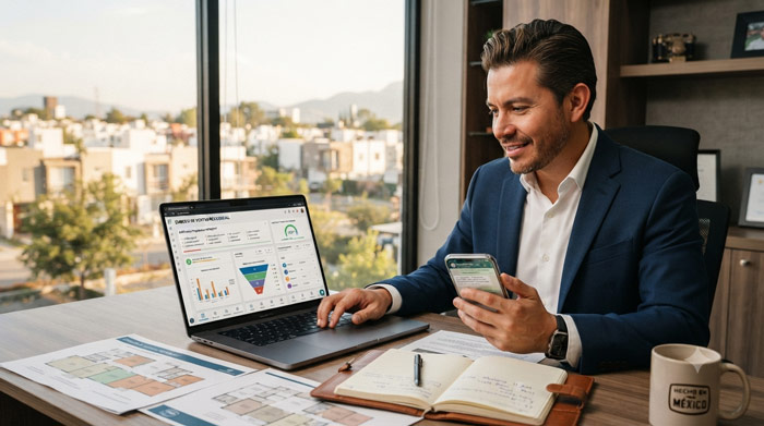Agente inmobiliario utilizando un CRM y WhatsApp para calificar propietarios con crédito INFONAVIT mediante un flujo de cinco preguntas antes de programar una visita al inmueble.