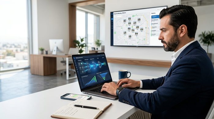 Agente inmobiliario utilizando un embudo de automatización digital en una laptop para gestionar prospectos y vender propiedades con una agencia boutique.