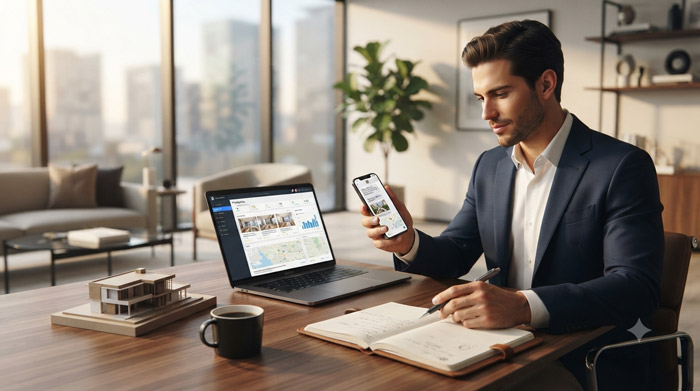 Asesor inmobiliario utilizando WhatsApp Business desde una computadora portátil mientras responde consultas de clientes sobre propiedades, representando las mejores prácticas para evitar bloqueos del algoritmo de Meta.