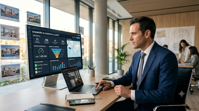 Agente inmobiliario analizando en una computadora el tiempo de respuesta de prospectos mediante un dashboard con métricas, CRM y canales digitales como WhatsApp, correo electrónico y redes sociales.
