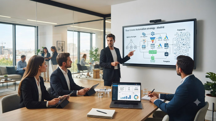 Consultor de marketing digital mostrando un flujo de automatización inmobiliaria en una pantalla mientras asesores de una agencia boutique analizan estrategias de captación de prospectos y gestión de clientes mediante CRM e inteligencia artificial.
