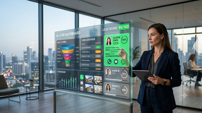 Agente inmobiliario utilizando un CRM con inteligencia artificial para calificar prospectos mediante lead scoring antes de contactarlos por teléfono.