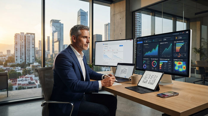 Agente inmobiliario utilizando inteligencia artificial, CRM y marketing digital mientras analiza propiedades en una computadora, representando la transformación de las agencias inmobiliarias en 2027.