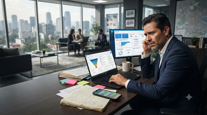 Asesor inmobiliario revisando un CRM automatizado mientras analiza leads digitales y procesos de automatización para aumentar las ventas de una agencia inmobiliaria.