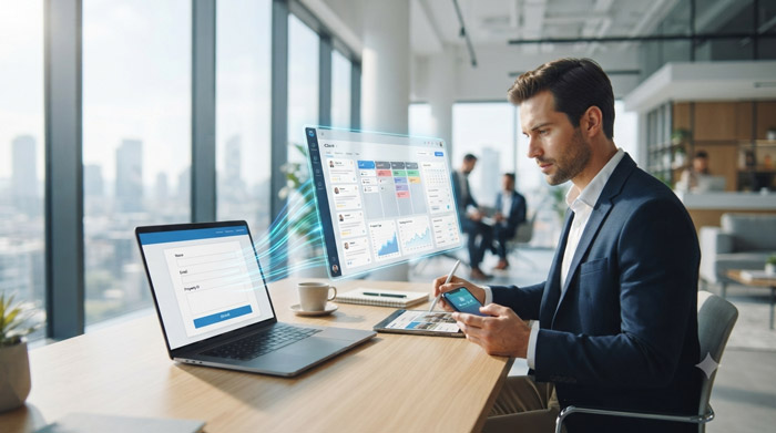 Diagrama que muestra la conexión entre un formulario web, una plataforma de automatización y un CRM para capturar y gestionar leads sin perder prospectos.