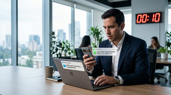 Asesor inmobiliario respondiendo un nuevo lead desde su computadora y WhatsApp en los primeros 10 segundos, mostrando la importancia de la velocidad de respuesta para aumentar las ventas y mejorar la conversión de prospectos.