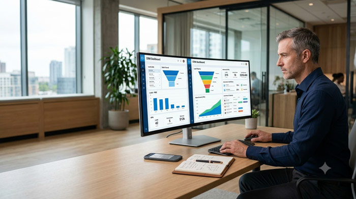 Asesor inmobiliario comparando un CRM gratuito y un CRM de paga en una laptop, con gráficos de ventas, gestión de leads y automatización, representando el análisis costo-beneficio para agencias inmobiliarias de 2 a 10 agentes.