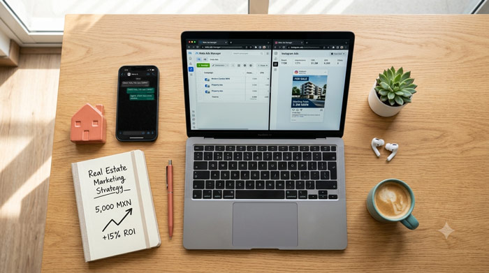 Agente inmobiliario revisando campaña de Meta Ads en laptop con presupuesto mensual de 5,000 pesos para captar leads