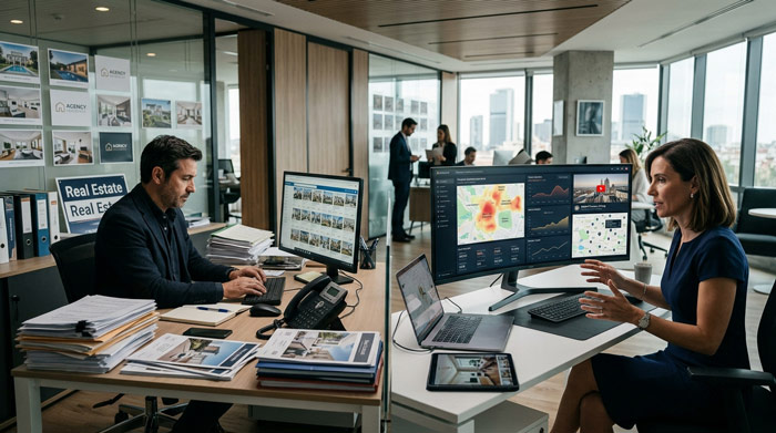 Dos agentes inmobiliarios de la misma agencia analizando estrategias de posicionamiento digital y resultados de ventas inmobiliarias