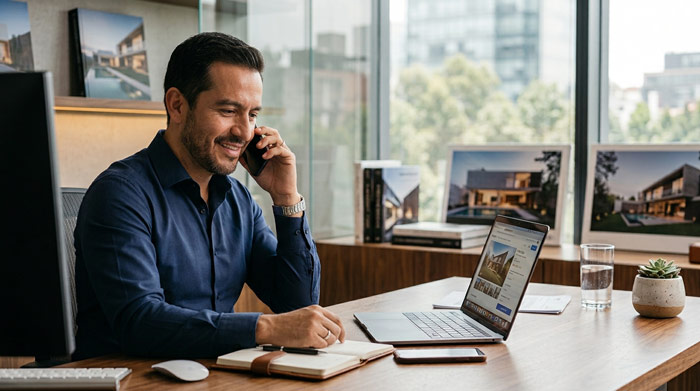 Asesor inmobiliario realizando una primera llamada con un prospecto para preparar una visita a una propiedad