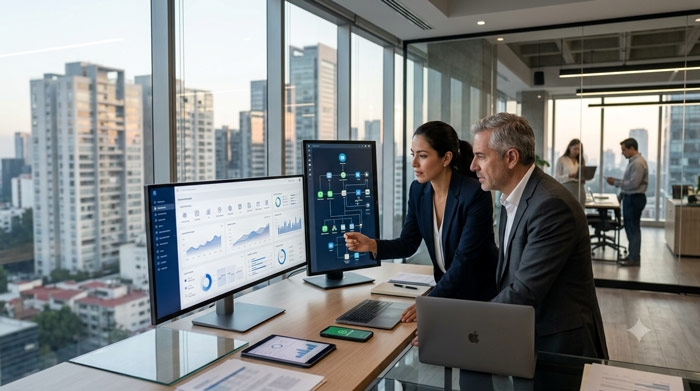Agente inmobiliario en una oficina moderna analizando un dashboard con inteligencia artificial, CRM, WhatsApp Business, automatización de marketing y métricas de ventas, representando las tendencias de automatización inmobiliaria en México.
