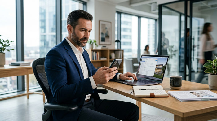 Agente inmobiliario realizando seguimiento post-visita a un cliente interesado después de conocer una propiedad