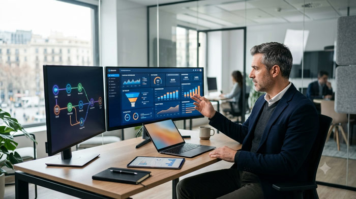 Propietario de una agencia boutique revisando un dashboard con métricas de automatización, KPI, ROI, conversión de leads y rendimiento operativo en múltiples pantallas, representando la optimización de procesos y la toma de decisiones basada en datos.