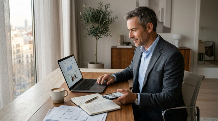Agente inmobiliario boutique creando contenido estratégico para redes sociales